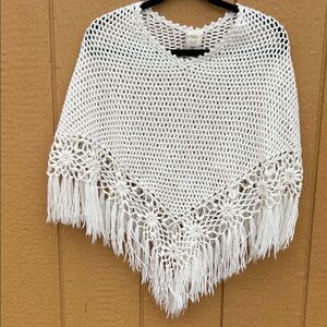 Chic White Crochet Poncho with Fringe